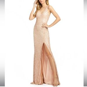 Mac Duggal Rose Gold Sequined Sleeveless V-Neck Side Slit  Evening Gown -Reemoly